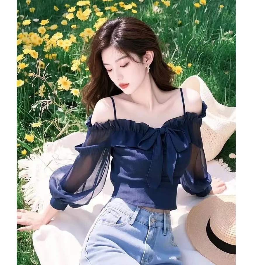 2025春季新款慵懒性感一字肩微透宽松衬衫短款荷叶边系带上衣女