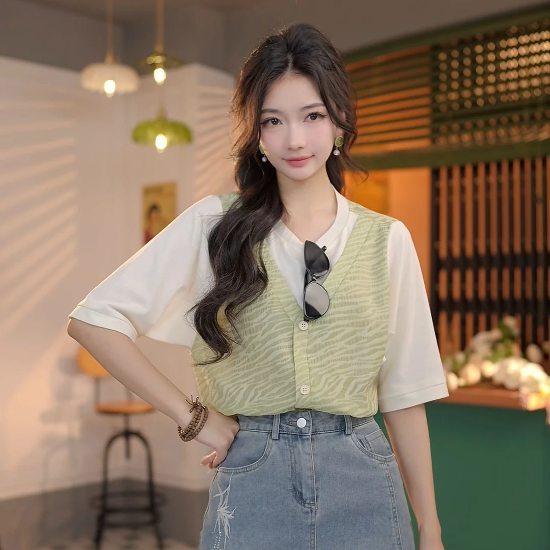 丁佳欣【夏日】港风复古假两件休闲短袖T恤女夏季宽松上衣DS1113409