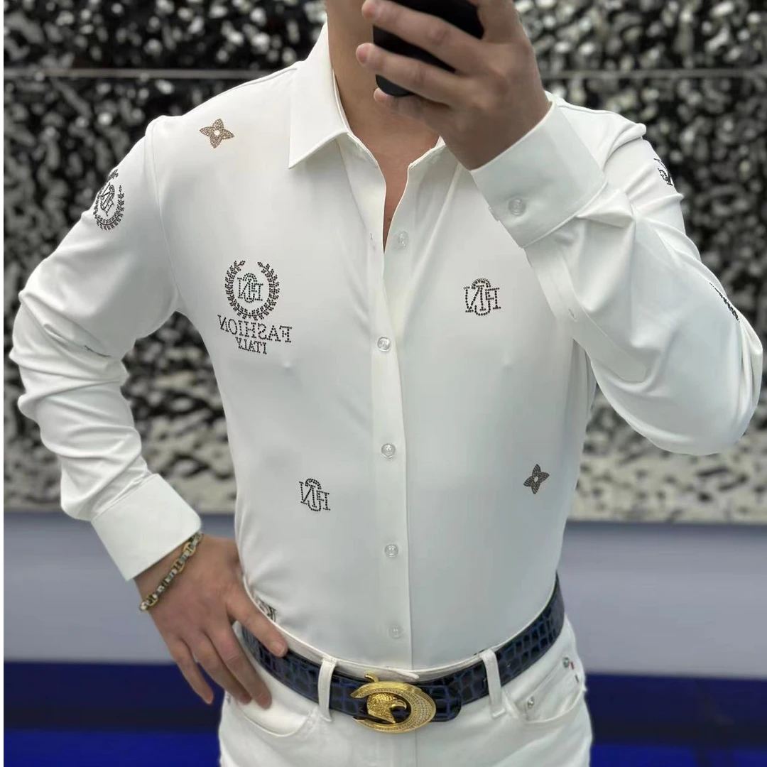 2025名堂甄选新款免烫弹力时尚欧货重工烫钻潮流春长袖衬衣82548