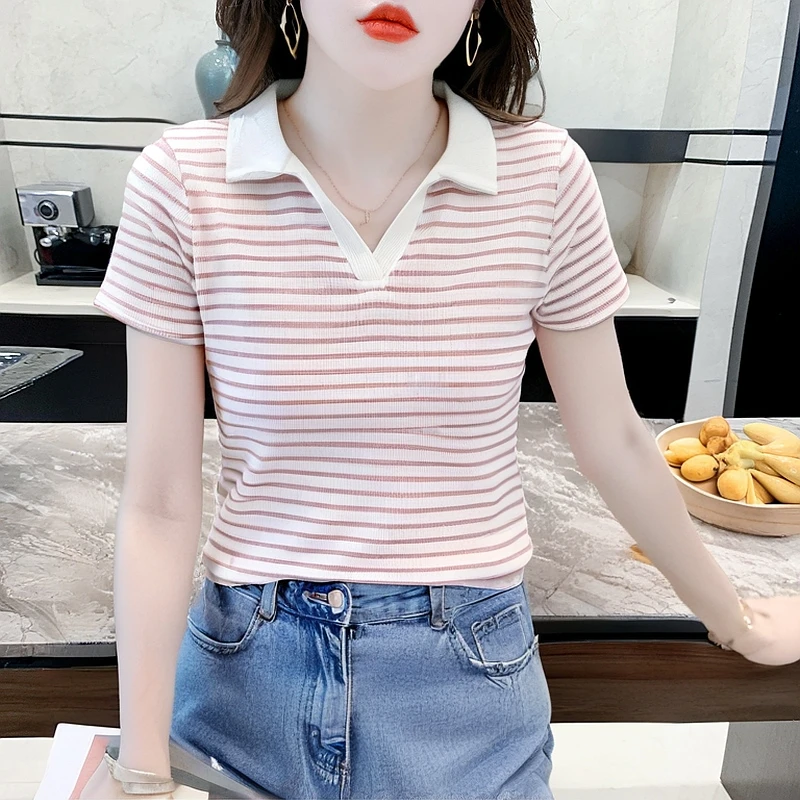 POLO领条纹短袖T恤女夏装2025年夏季新款上衣设计感气质百搭小衫