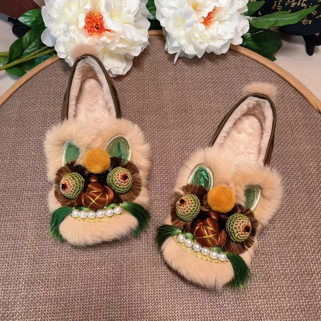 【平底-棉鞋】冬季新款国风刺绣手工透气百搭包头虎头鞋加绒保暖