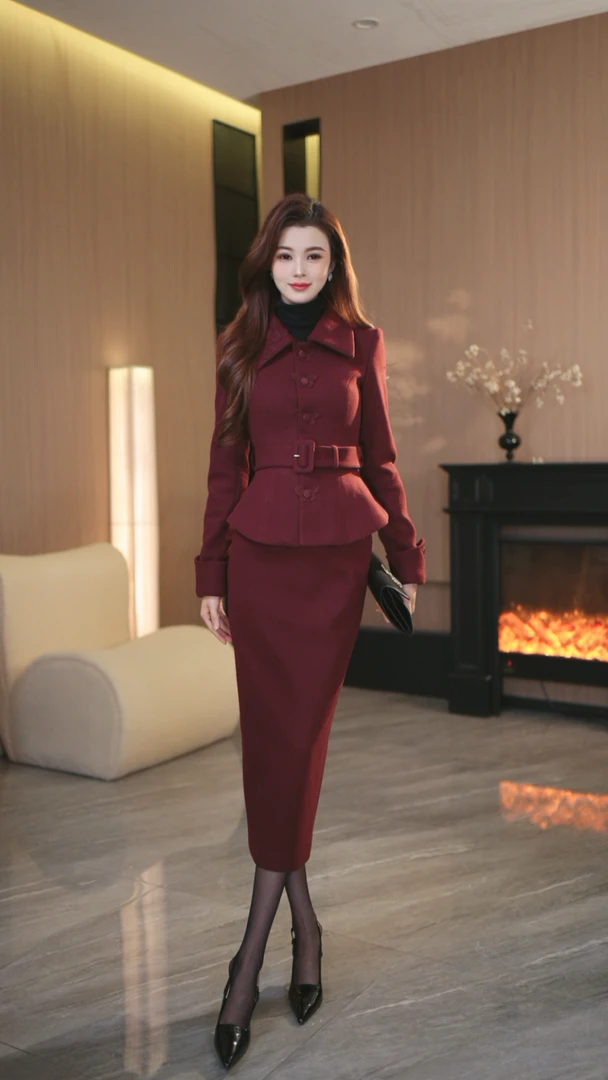 罗曼定制 高定原创设计红色冬厚款蝴蝶扣上衣+包臀半身裙套装女