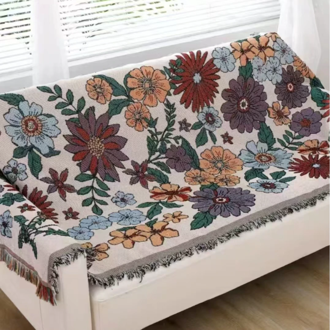 【张总严选】花满园流苏沙发巾提花亚麻沙发毯茶毯桌毯多功能沙发巾