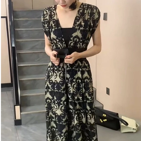 抹胸+腰带+连体裤复古印花松紧显瘦V领时尚洋气短袖连体长裤女