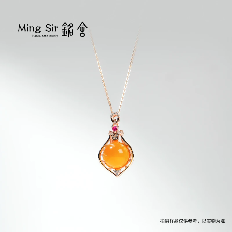 【铭舍 凤柕】天然焦皮料琥珀蜜蜡鸡油红项链厚银S925镶嵌吊坠7270