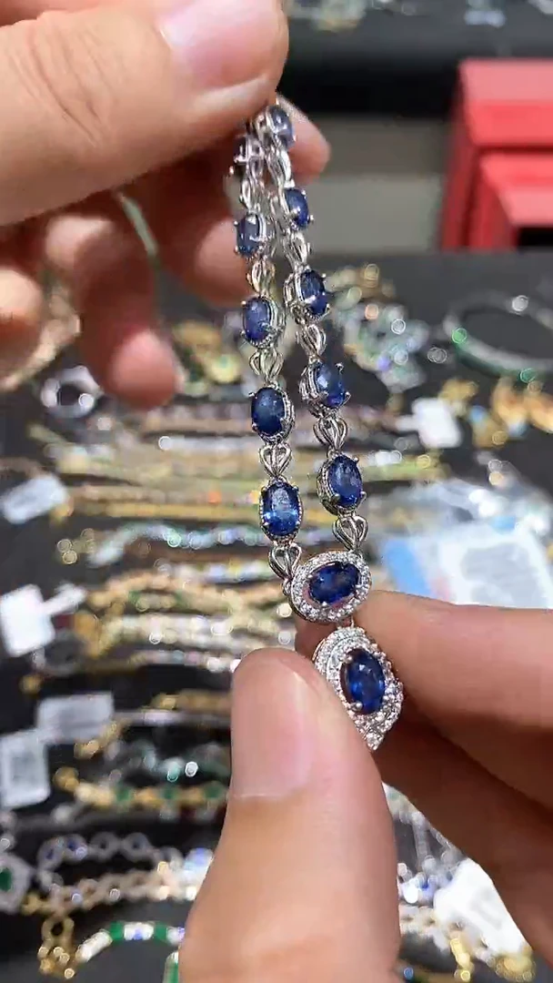 蓝宝石颈饰银S925镀金镶嵌项链