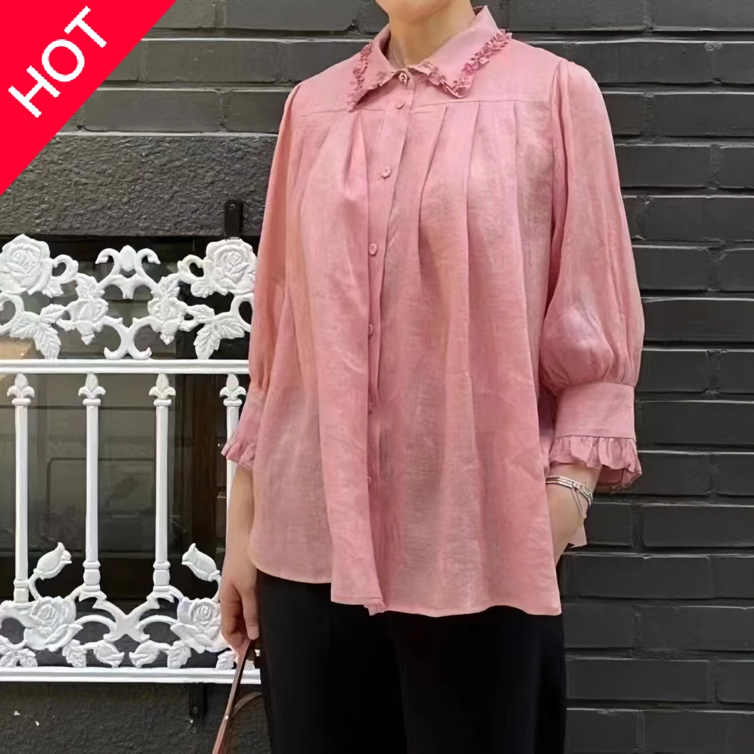 【xineba2】韩国亚麻木耳领衬衫2024新款女士试试洋气舒适高端大码