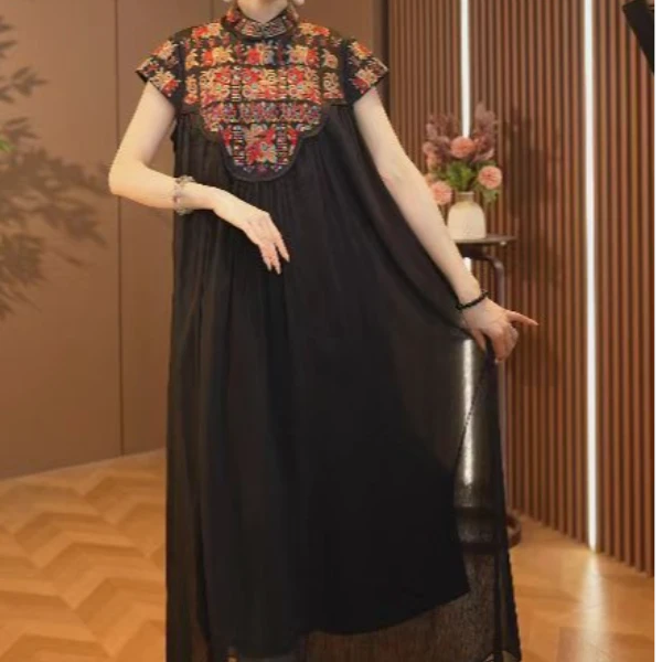 【万物生辉】夏季连衣裙国风长款短袖裙子女2025C5806-林林玫瑰仓