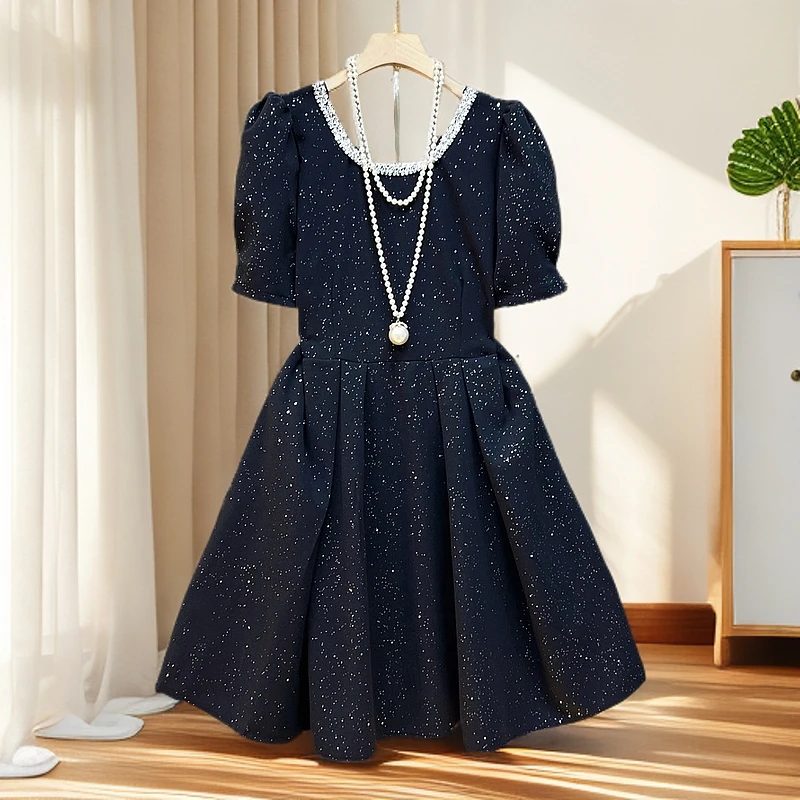 胖妹妹韩版中长款时尚淑女裙加大码女装方领亮钻边收腰短袖连衣裙