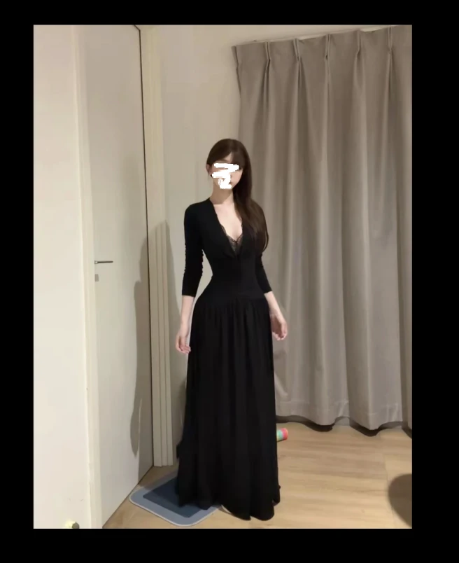 【墨缕蕾丝】新款显瘦遮肉收腰大裙摆V领长袖袖连衣裙3393#