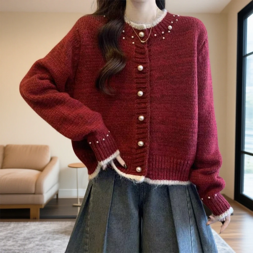 设计感拼色钉珠小香风时尚百搭针织毛衣女秋冬新款宽松超好看上衣