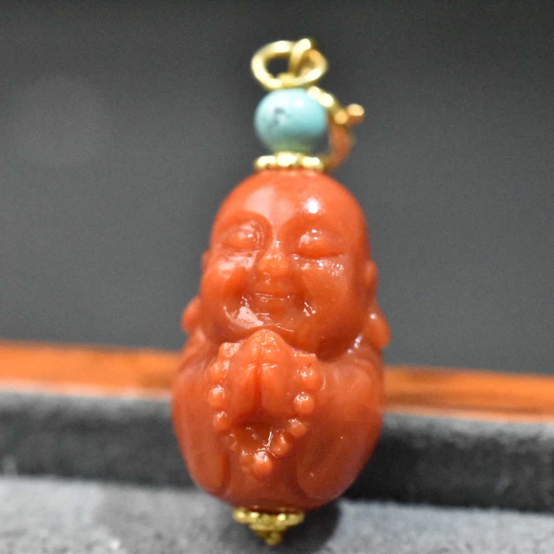 【一九珠宝】S925银南红瓦西小沙弥吊坠-卡17mm  YJ9627