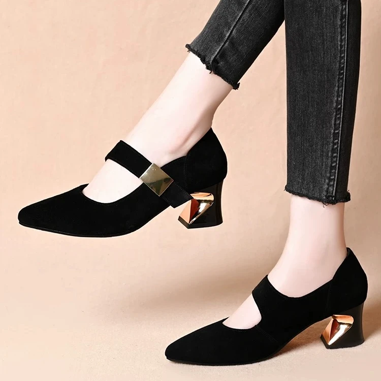 9 通勤玛丽珍女鞋子真皮黑色工作粗跟高跟鞋尖头浅口魔术贴单鞋