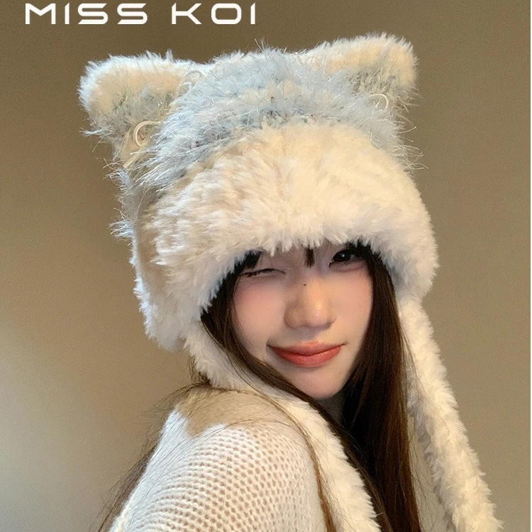 甜美蝴蝶结猫耳朵毛绒冬季百搭显脸小条纹针织帽子大头围显脸小