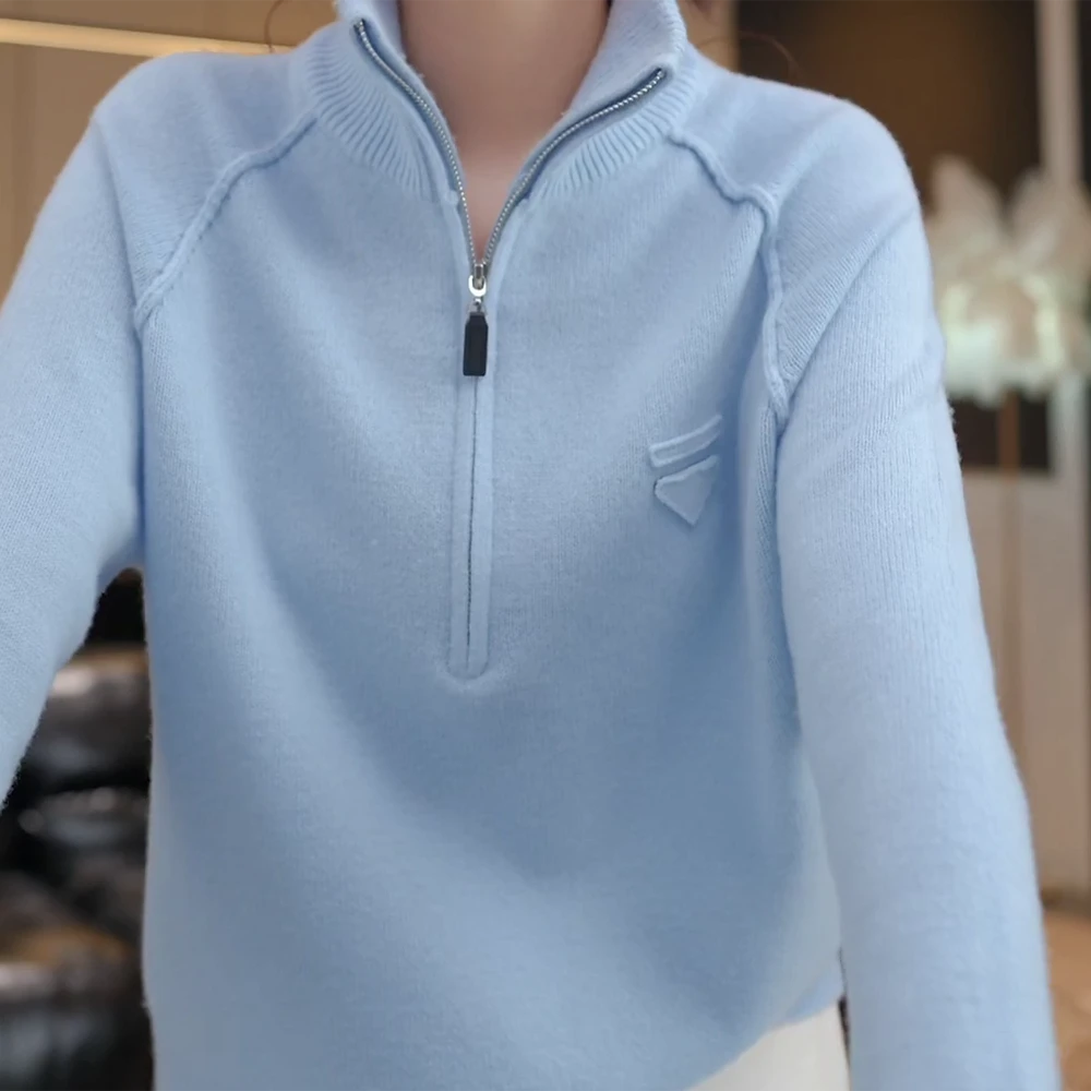 秋冬新款时尚保暖设计简约半拉链立领针织毛衣气质显瘦上衣女