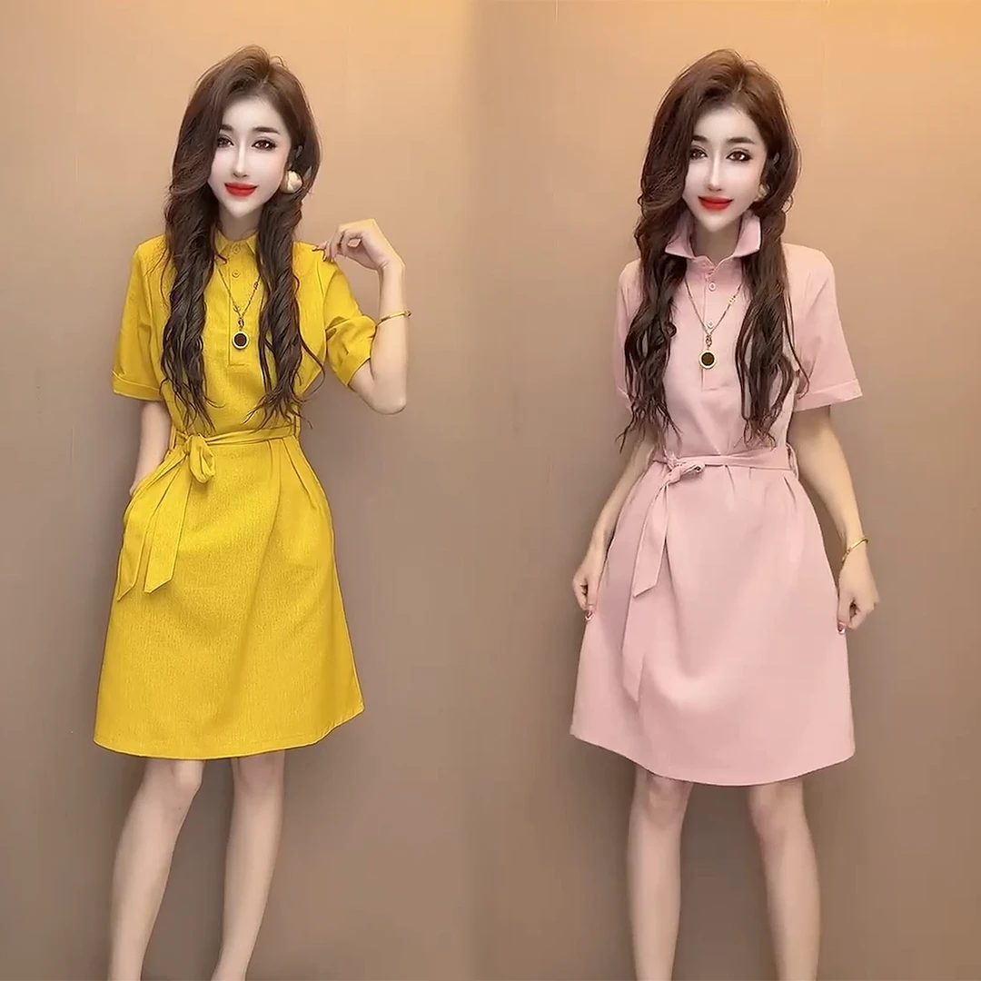 80722夏季新款极简风纯色系 Polo领高腰小个子洋气百搭系带连衣裙