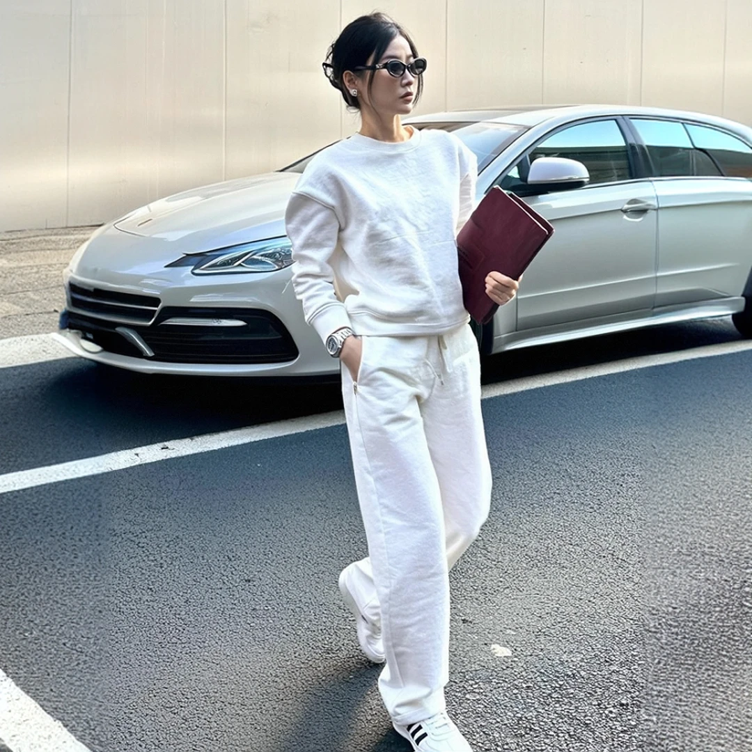 白色休闲运动套装女2025秋新款高级感时髦极简纯色卫衣卫裤两件套