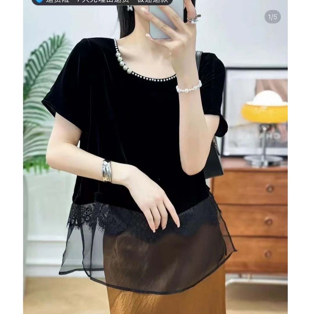 2025新款复古珍珠圆领丝绒宽松显瘦拼接纱网短袖套装洋气百搭