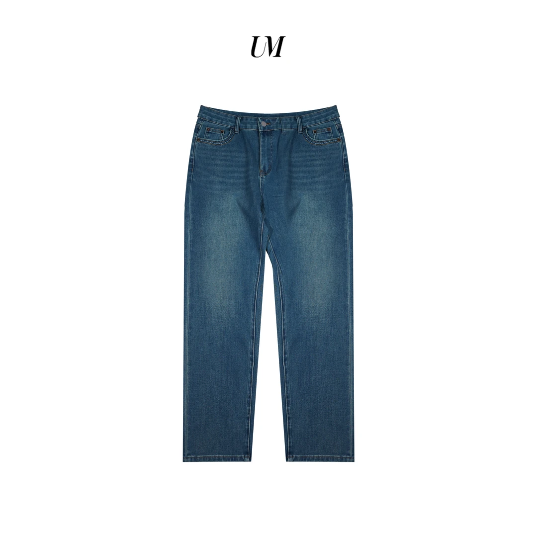 【U.M】长腿裤水洗蓝色直筒高弹中高腰牛仔裤四面弹