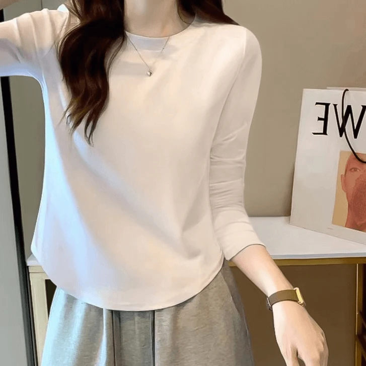 时尚设计感正肩质不规则白色长袖T恤女新款弧形下摆百搭打底