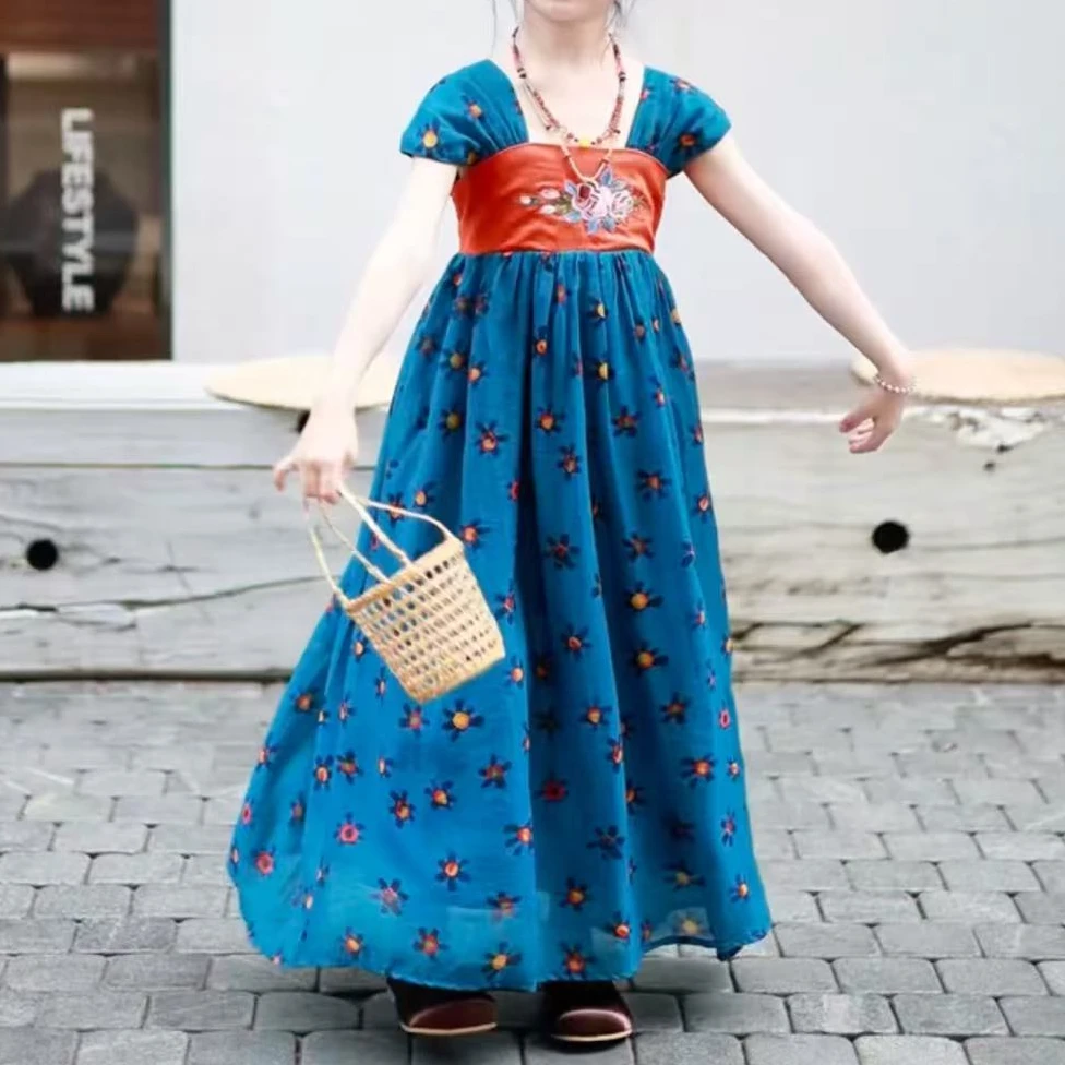女童唐风刺绣汉服中国风蓝色连衣裙D