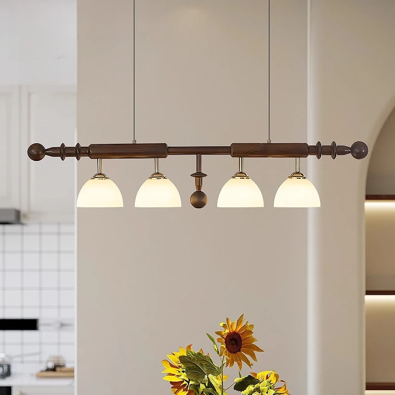 法式中古风餐厅一字长条吊灯美式复古实木吧台茶室全铜魔豆吧台灯
