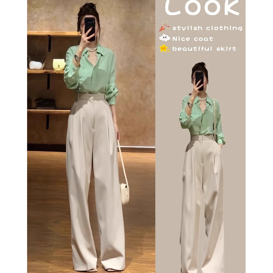初春搭配一整套时尚洋气减龄炸街高级感薄荷曼波风绿色衬衫套装女