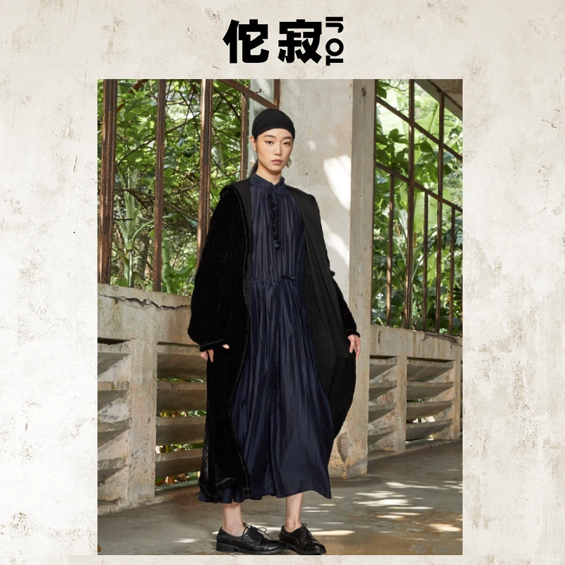 TOJI佗寂时尚文艺中长款秋冬压褶丝绒外套ADO3W546
