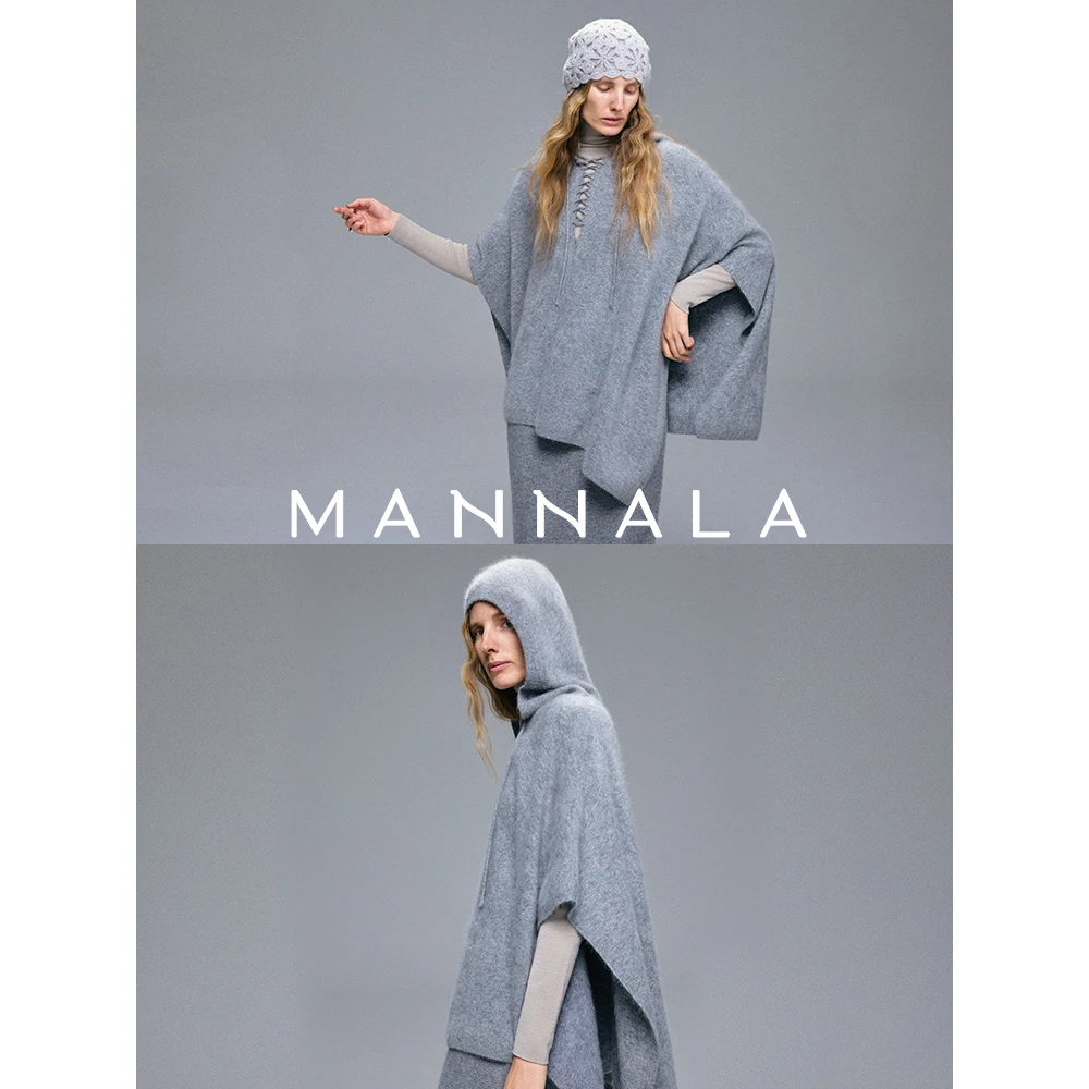 MANNALA丨“考拉斗篷”Du皮草拉绒雾感毛衣贵妇羊绒连帽斗篷Q4739