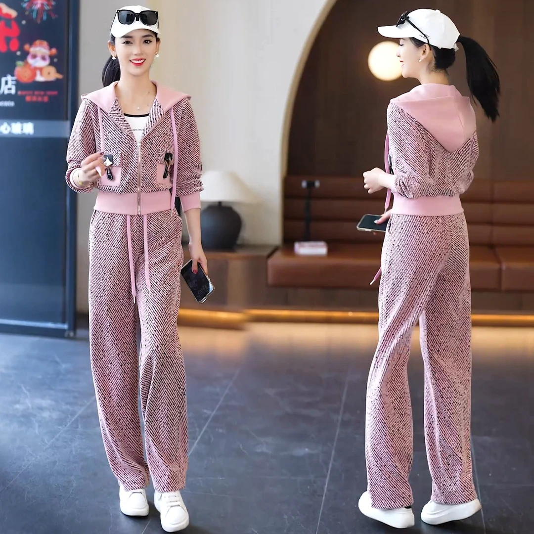 时尚休闲运动套装2025秋季洋气新款显瘦连帽开衫阔腿裤两件套女