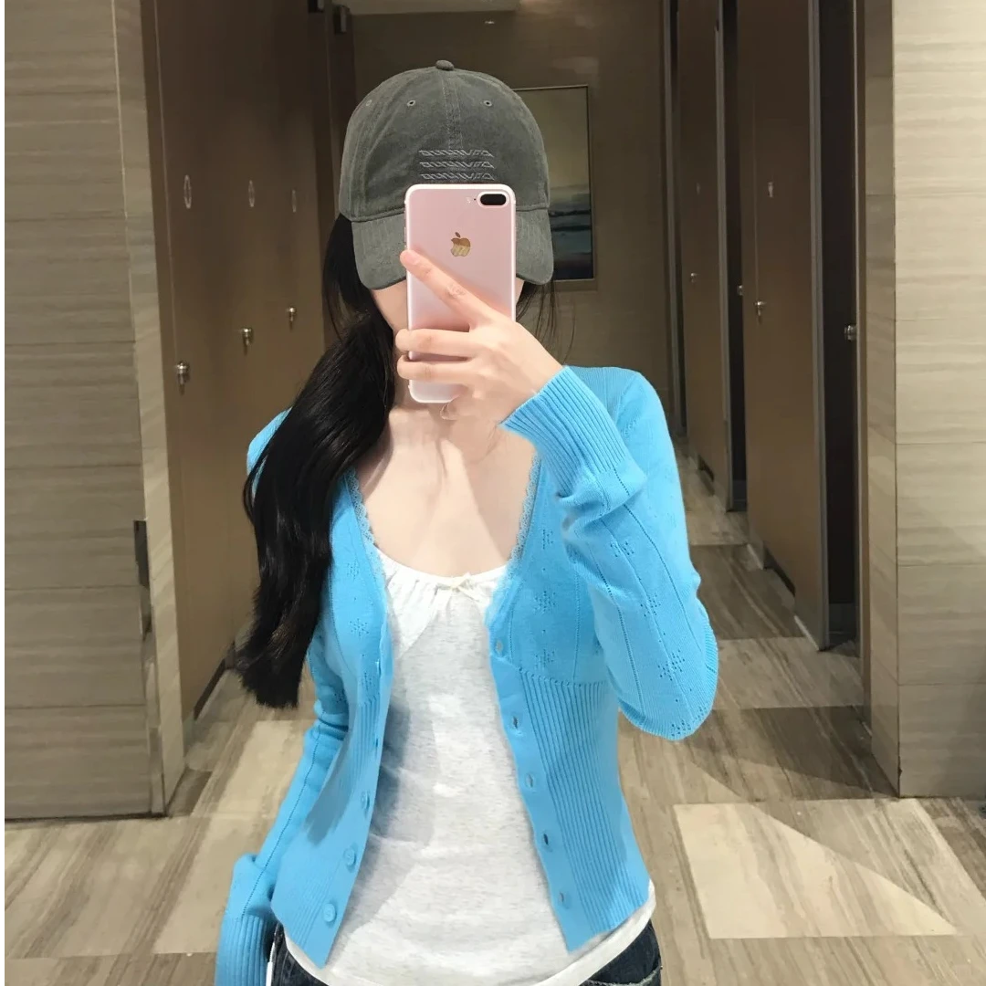 6-8运补慵懒周末 花边蓝色针织开衫女春季修身气质长袖V领上衣