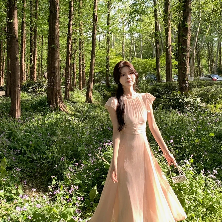 佐佐家小个子气质高腰显瘦荷叶边粉色连衣裙夏季女收腰修身长裙子