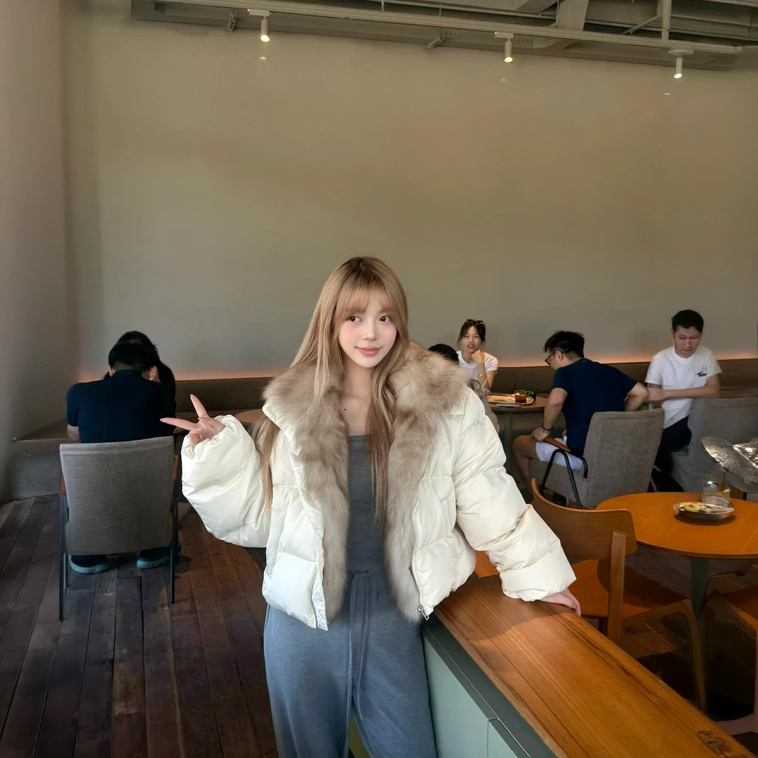 轻绒欧包新款冬季短款棉服女大毛领加厚小个子韩系皮草面包服外套