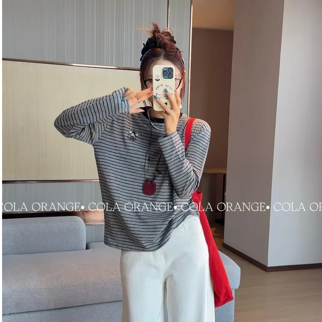 韩系时尚休闲条纹长袖t恤春季新款卡通米奇宽松显瘦圆领打底上衣