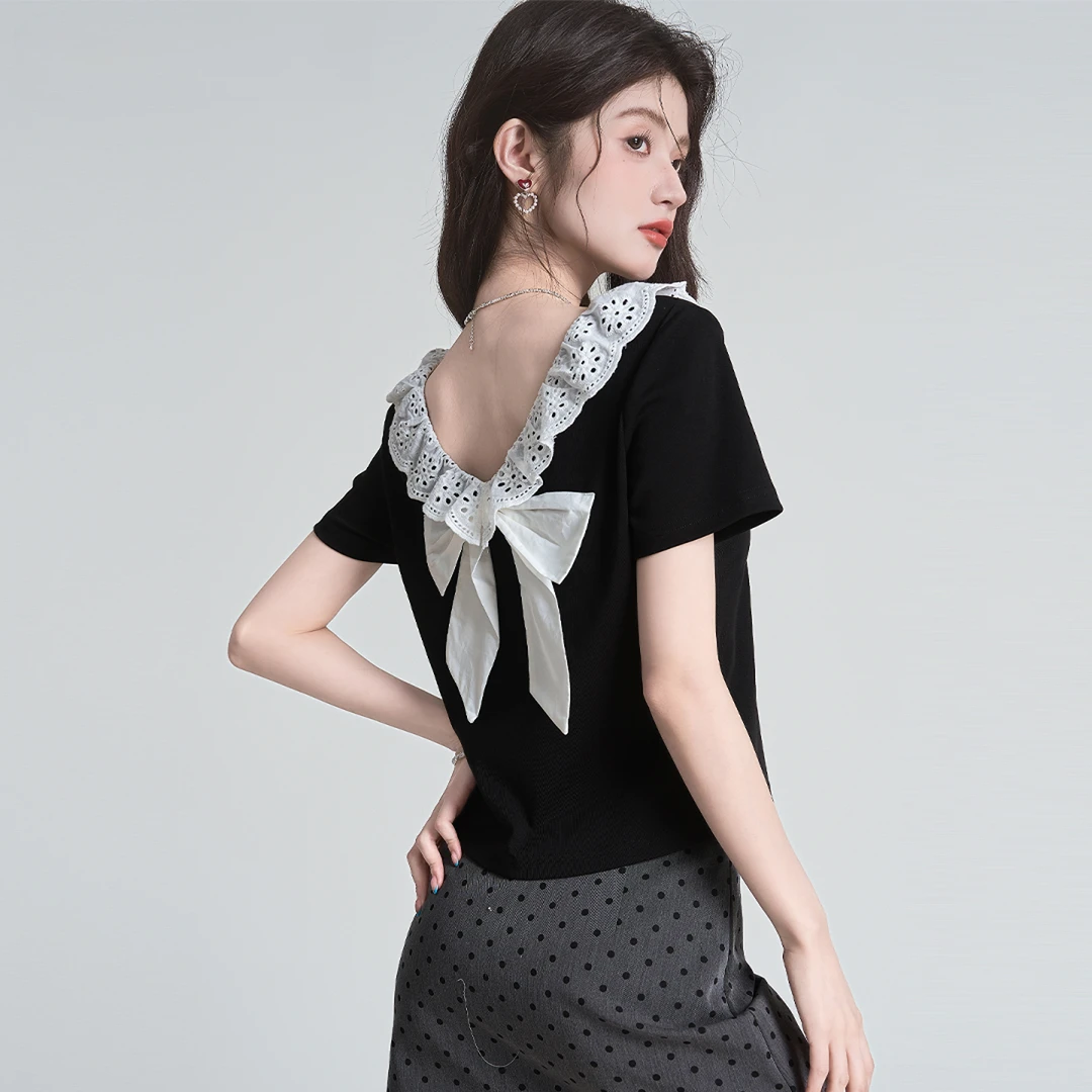 帛卡琪露后背蝴蝶结上衣女夏季独特别致修身蕾丝花边短袖t恤女