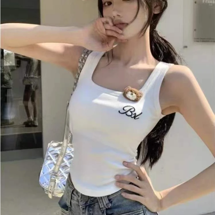 新款可爱小熊贴布吊带背心女夏季款外穿带胸垫运动无袖小上衣