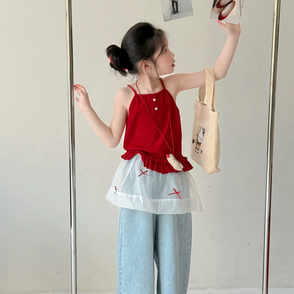 儿童宝宝吊带背心上衣夏款无袖韩版纯色休闲红色内搭打底T恤洋气