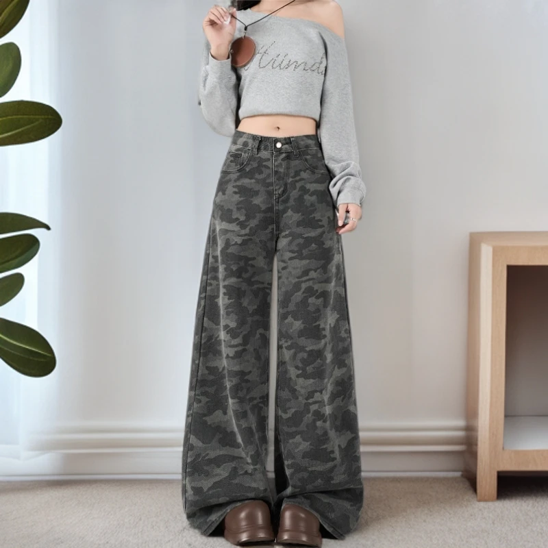 美式新款直筒阔腿拖地大码女款高腰迷彩服女款爆款2025新款