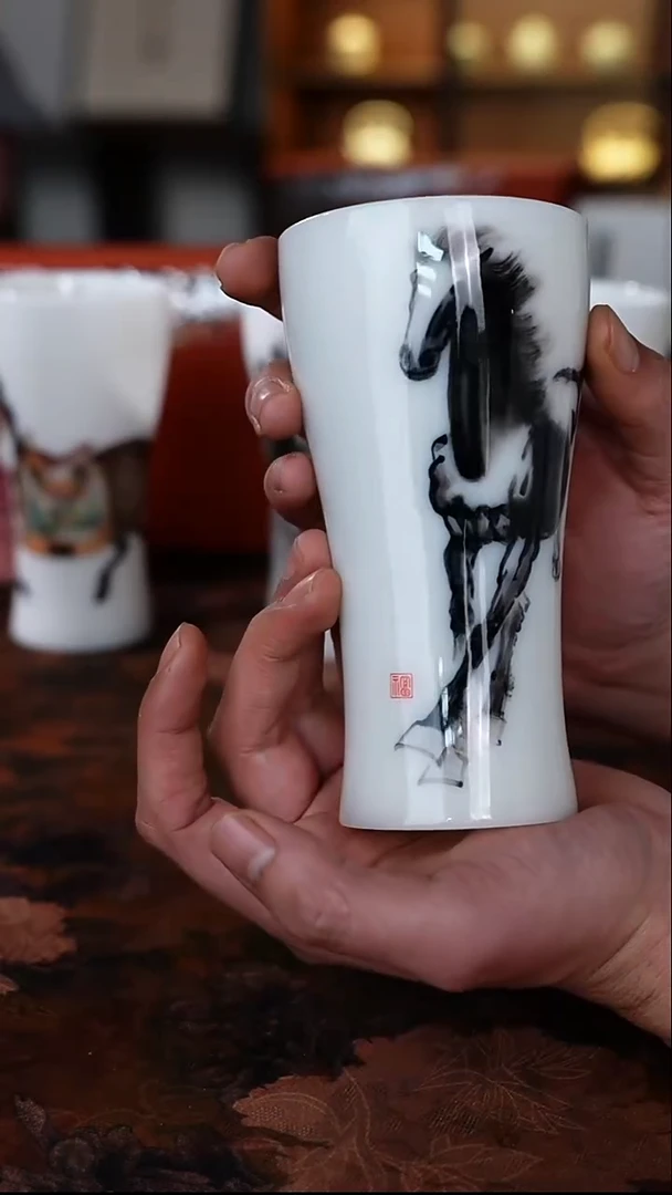 [渡景山房]冰晶玉喜陶瓷可乐杯（手绘墨彩奔福马）礼盒装
