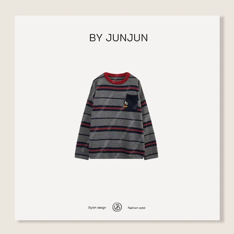 ByJunjun【小老鼠】拼色绵羊毛针织衫秋冬圆领长袖上衣