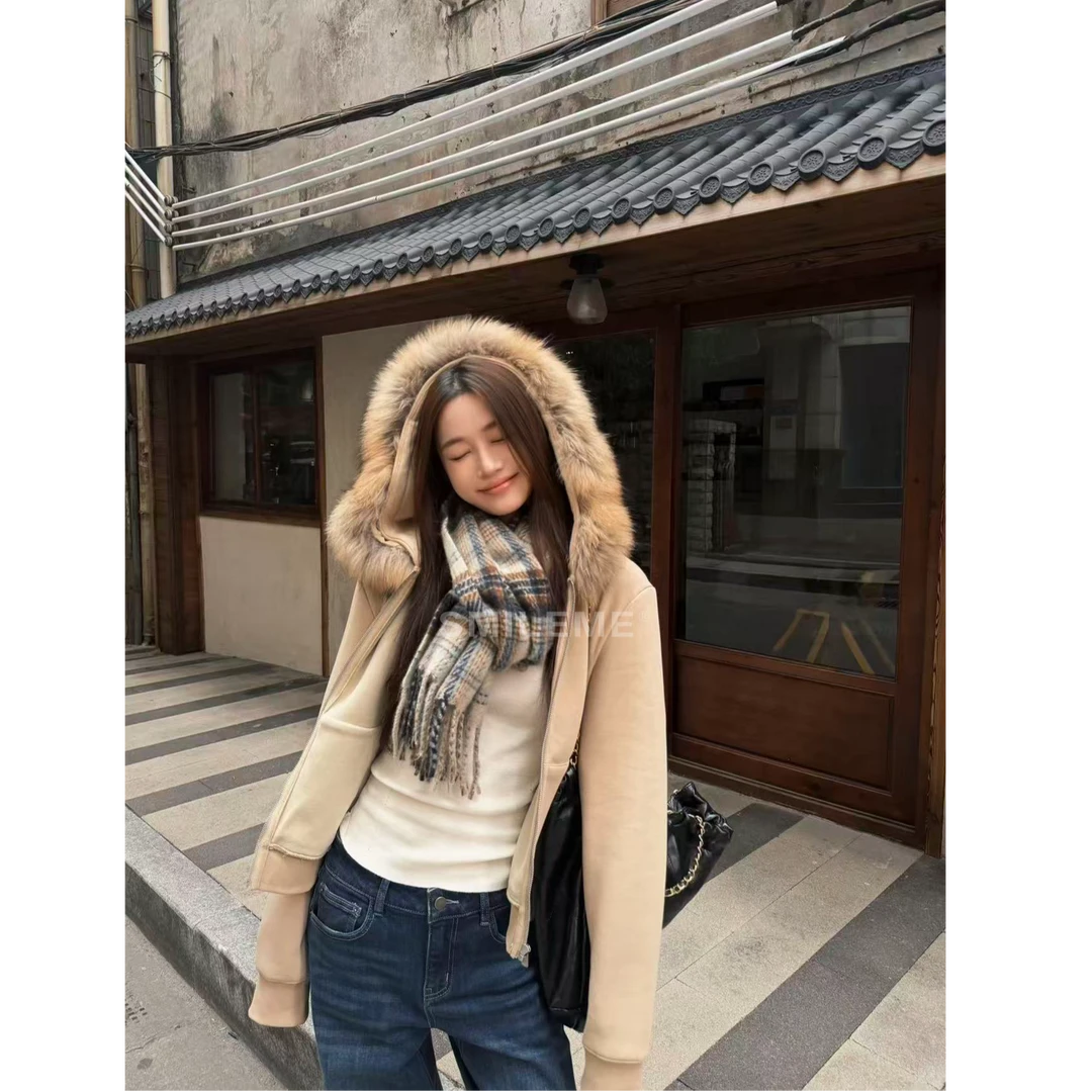 SMILEME【奶油慕斯】秋冬季时尚百搭真毛领宽松连帽卫衣MA02825411