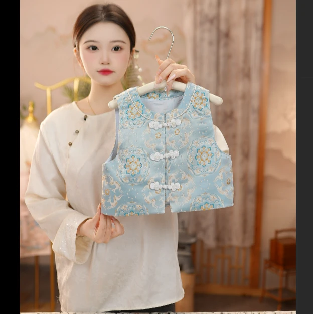 【春款上新】蓝色宝象花纹春季汉元素复古儿童背心春款古风织金传统