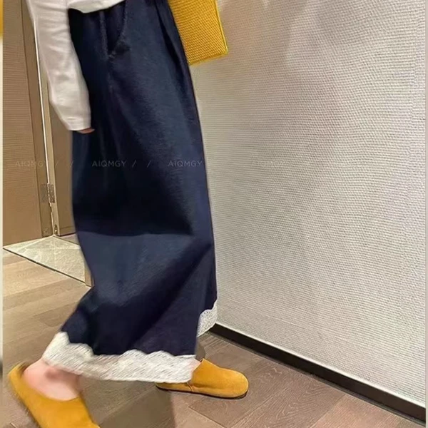 【清货】松紧腰蕾丝花边拼接直筒牛仔裤女小个子宽松显瘦阔腿裤