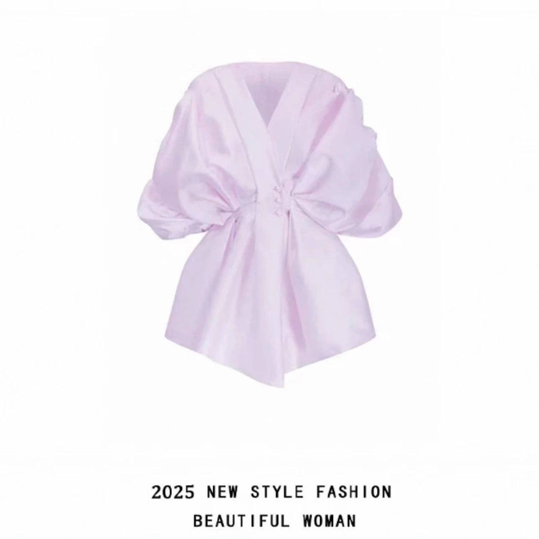 【现货】短袖衬衫女2025年新款爆款轻奢高级感气质收腰泡泡袖上衣女