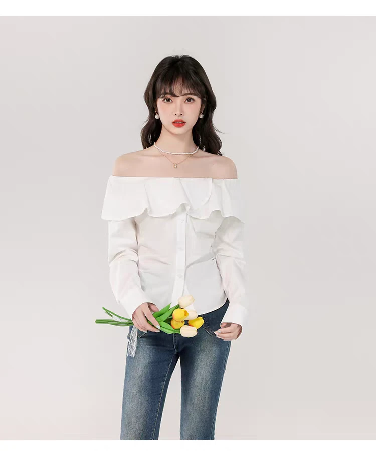 春季法式一字肩荷叶边设计感显瘦露肩长袖衬衫上衣时尚短款小众