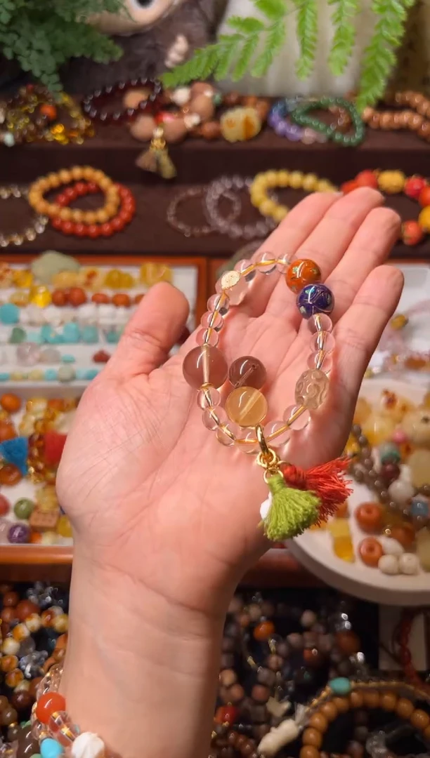 ?***y白水双圈手串（茶水&金珀&仙人掌提溜）