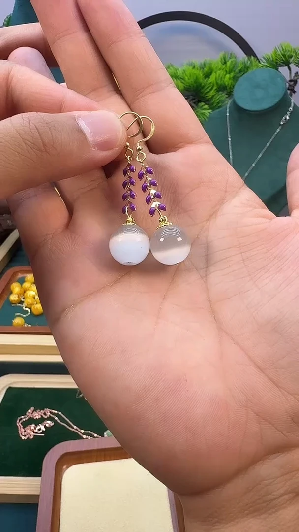 碧玺猫眼耳饰14K金镶嵌E407