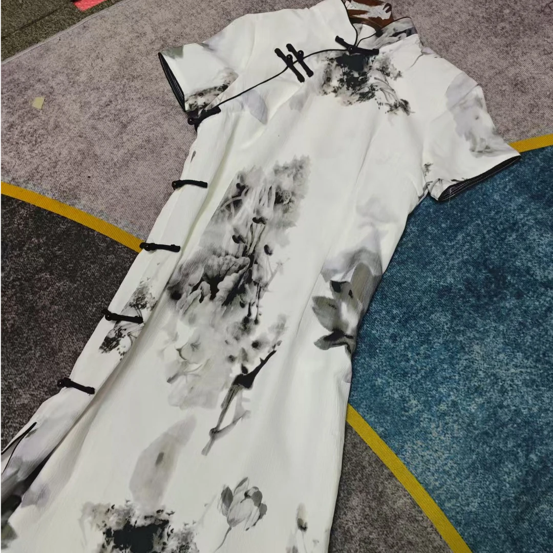 恬子梦 T679 夏季短袖 黑白墨 裙长105 双层显瘦旗袍