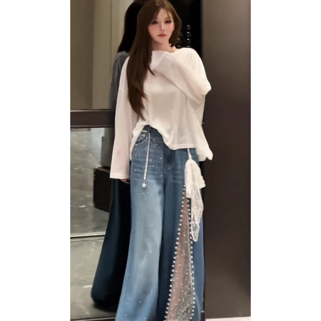 设计感宽松露背别致上衣夏季新款镂空蕾丝牛仔裤子百搭复古两件套