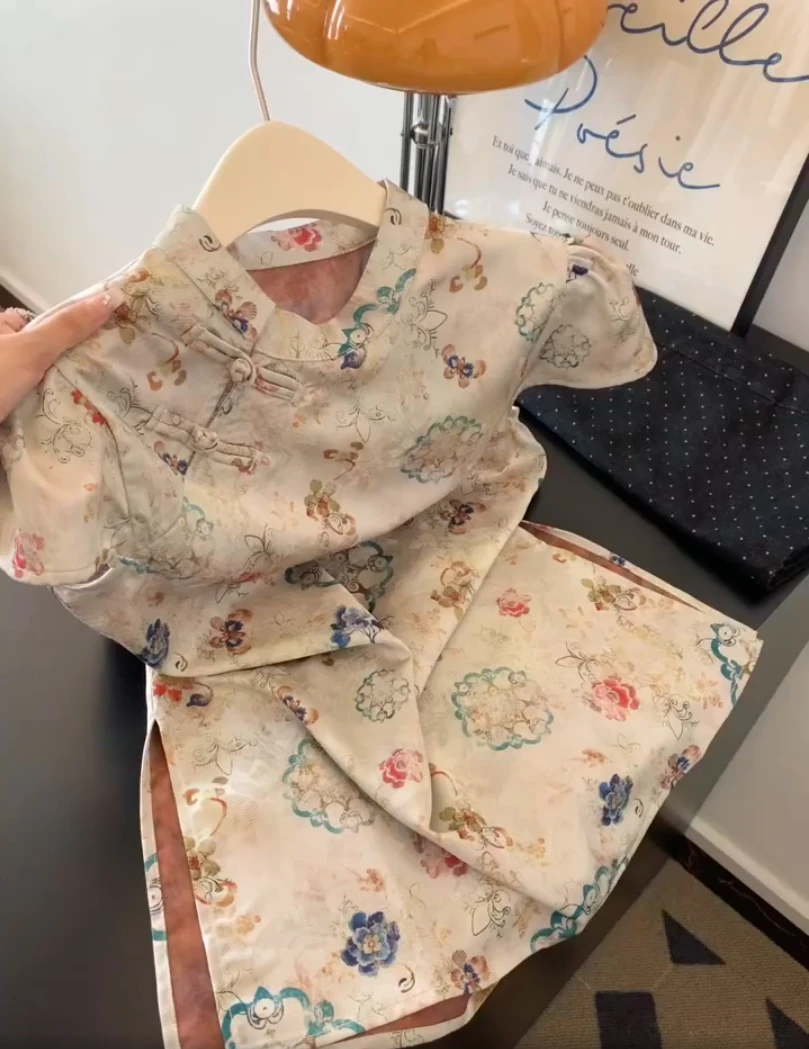 新中式国风印花盘扣开叉设计感短袖衬衫气质女士上衣2025新款夏季